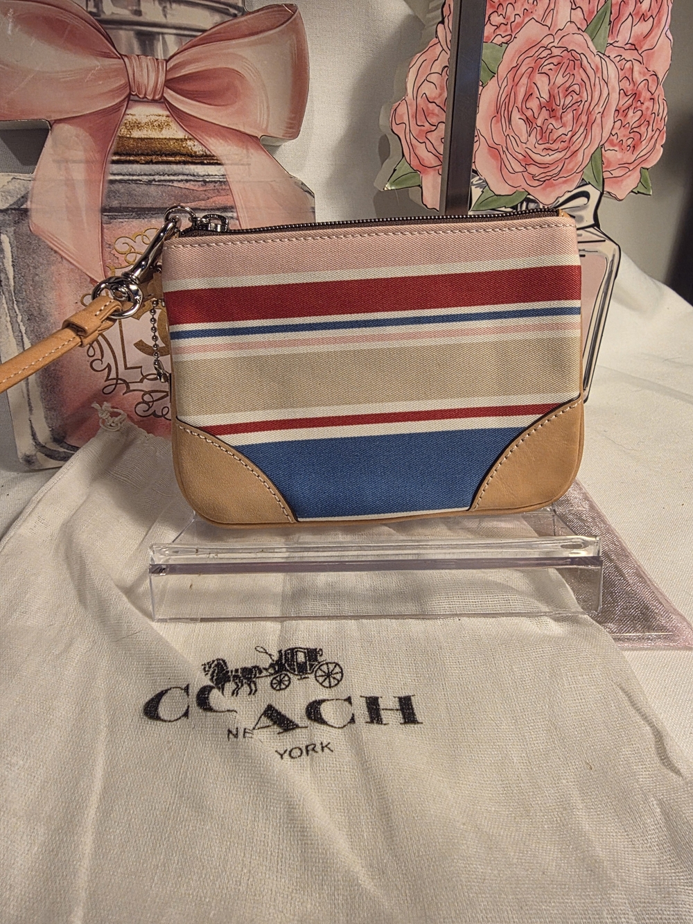 Coach Striped Canvas Wristlet in Blue, Red, Pink, Cream & Tan - Picture 6 of 6